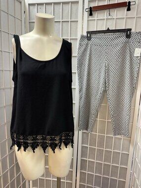 Have/Justbe, Capri Black-White Diamond Print,Black Blouse Lace Trim Set,Sz XL.!